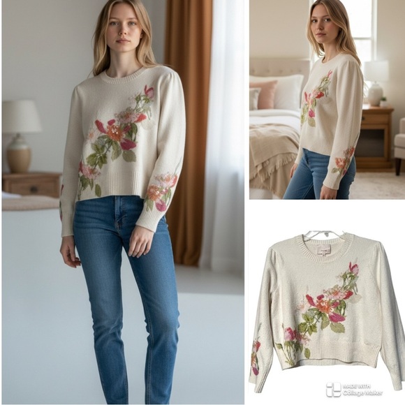 cinq a sept Sweaters - Cinq a Sept wool blend Floral Embroidered Cream Sweater NWOT